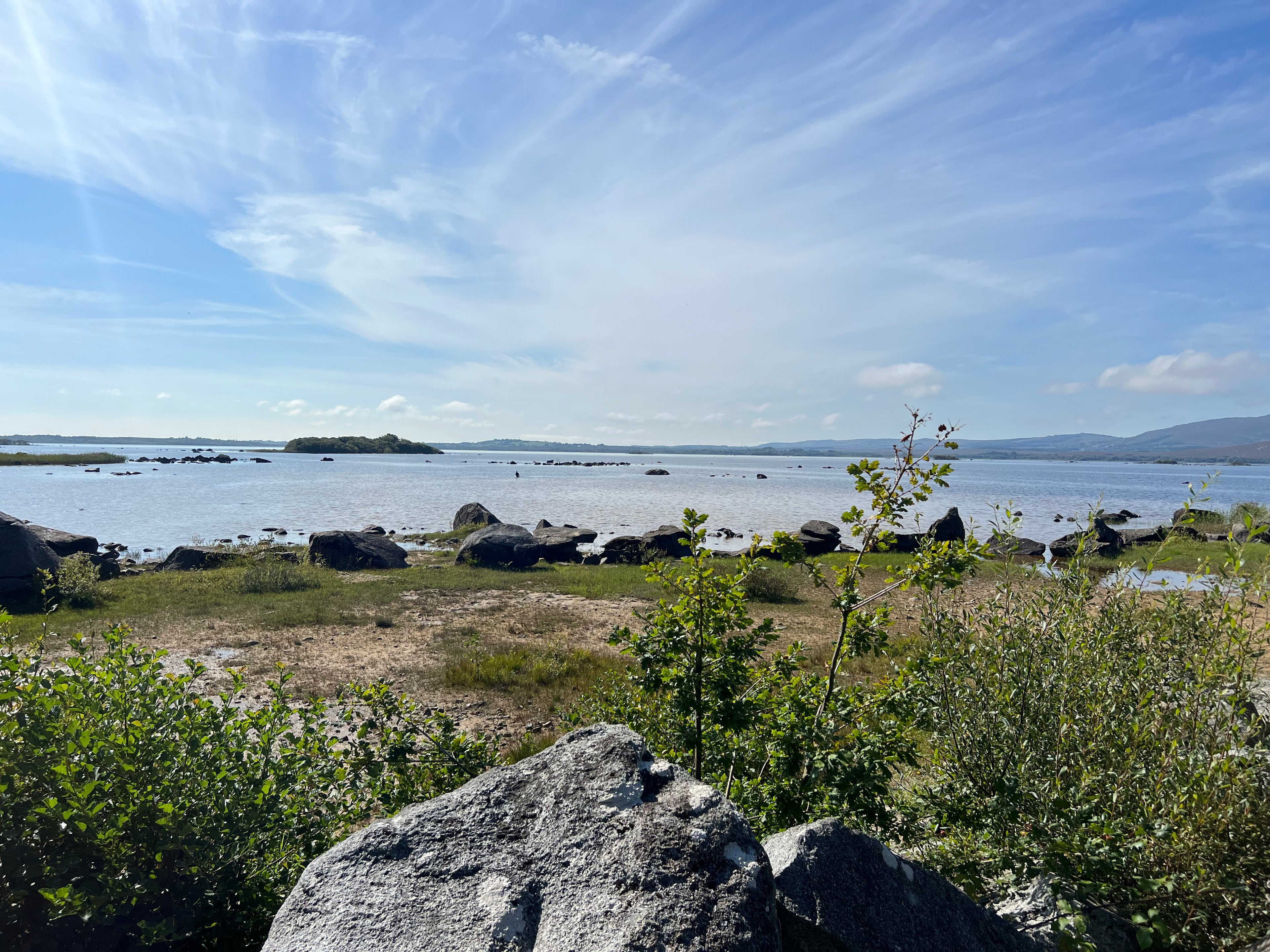Scenic view of a lake with rocks and greenery under a blue sky.
