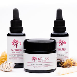 Sláinte skincare products including serum bottles and a cream jar on a white background